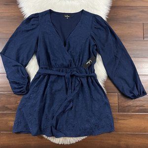 Lulu's Women's Size XL Navy Blue Long Balloon Sleeve It's Love Tie Belt Dress